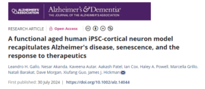 Headline of an article that reads "A functional aged human iPSC-cortical neuron model recapitulates Alzheimer's disease, senescence, and the response to therapeutics," in purple text.