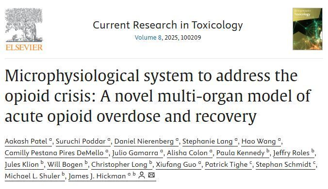 Title of a scientific journal article that reads "Microphysiological system to address the opioid crisis: A novel multi-organ model of acute opioid overdose and recovery"